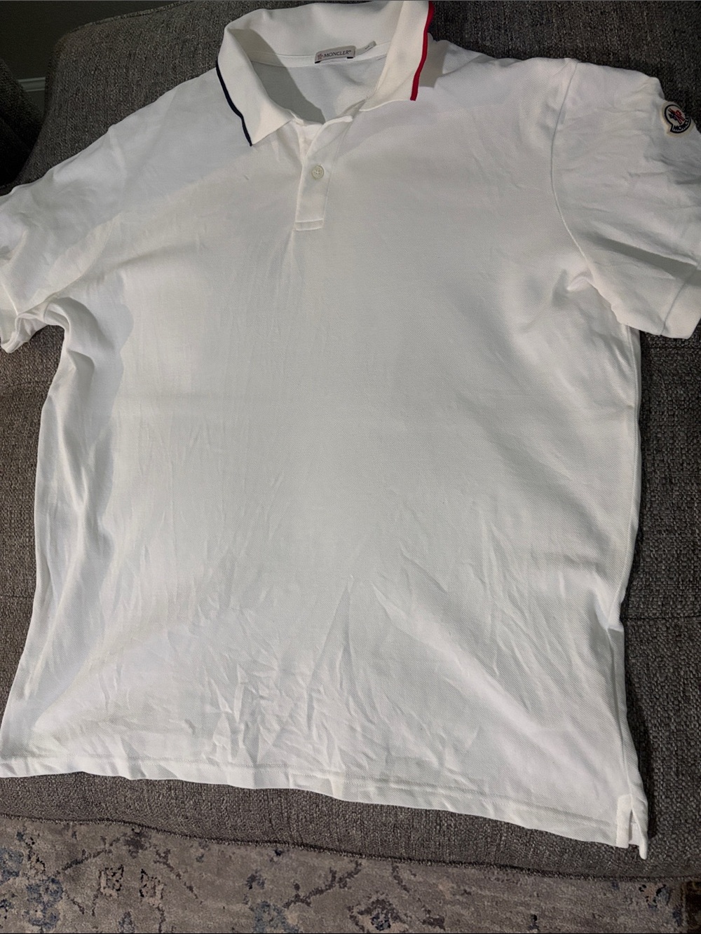 Moncler White Polo with Red and Navy Collar Trim 24”p2p